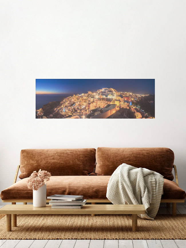 Greece Santorini Oia Panorama Blue Hour, Greece – wall art by Jean Claude Castor as Poster or Acrylic Glass Print