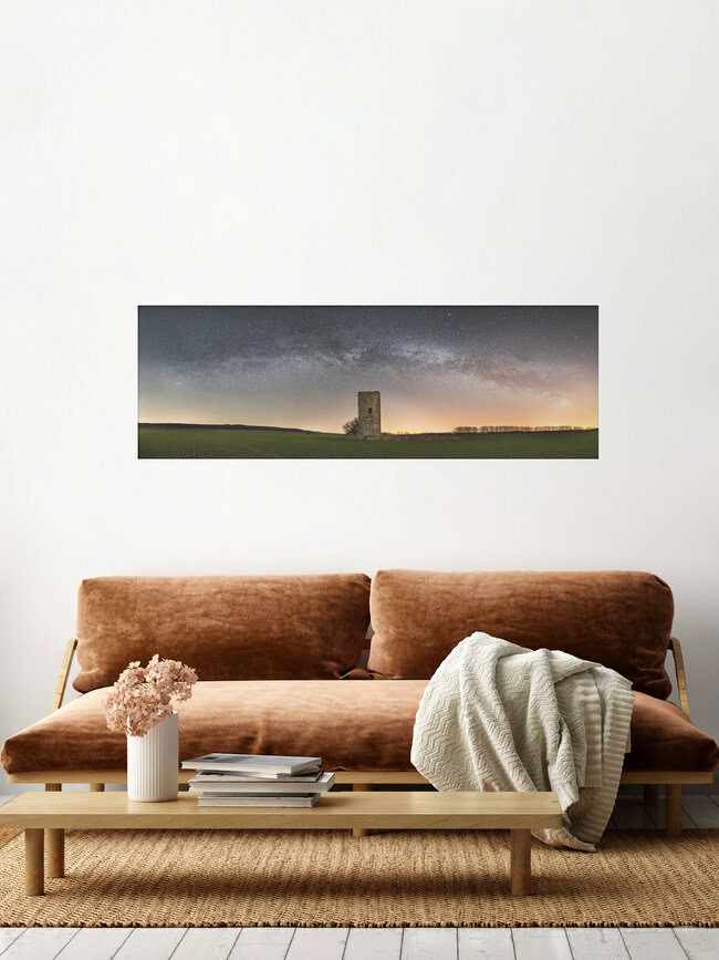 Milchstraßen Panorama mit alten Wachturm, Deutschland – Fotokunst von Oliver Henze als Poster oder Acrylglasbild