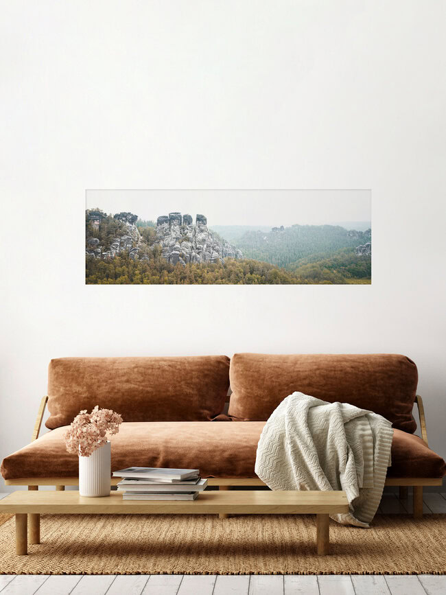 Morning fog sandstone mountains saxony, Germany – wall art by Dennis Wehrmann as Poster or Acrylic Glass Print