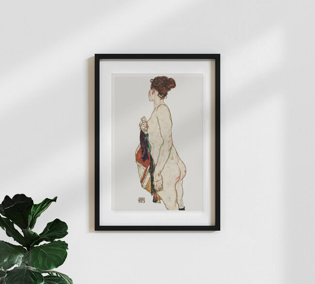 'Egon Schiele: Standing Nude woman with a Patterned Robe' – Wall Art by Art Classics as Poster or Acrylic Glass Print