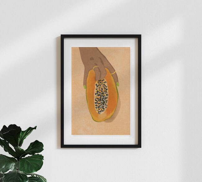 Illustration by Raissa Oltmanns: Colorful hands embracing a papaya.