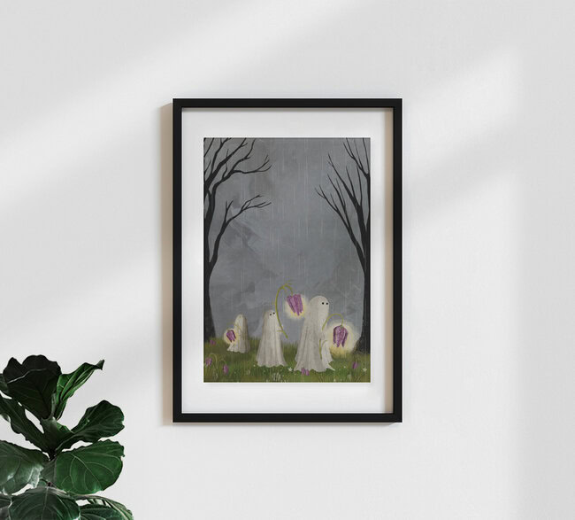 Illustration by Katherine Blower: a ghost surrounded by wildflowers in spring
