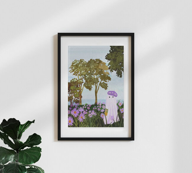 Wall art by Katherine Blower: cute ghost among blooming asters in a meadow