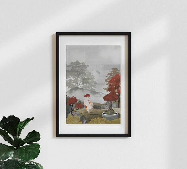 Illustration by Katherine Blower: A ghost in a Zen garden surrounded by maple leaves.