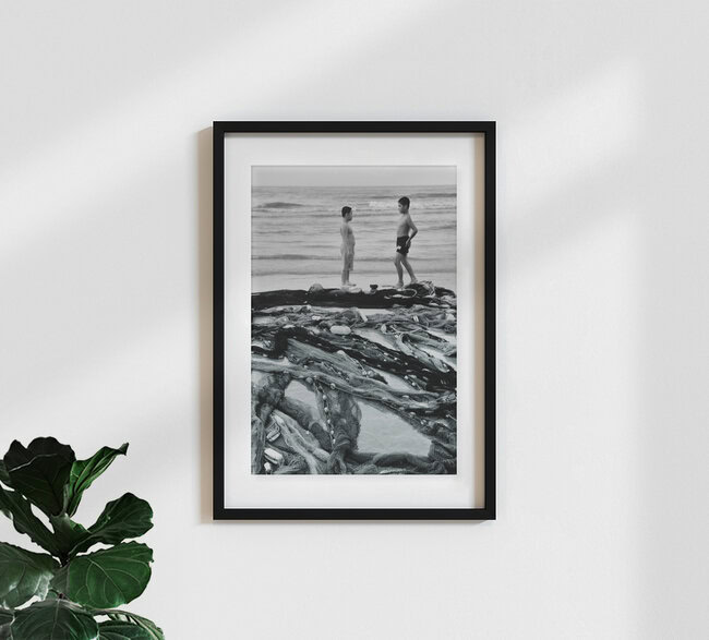 Kids and nets on beach, Vietnam – Fotokunst von Haifeng Ni als Poster oder Acrylglasbild