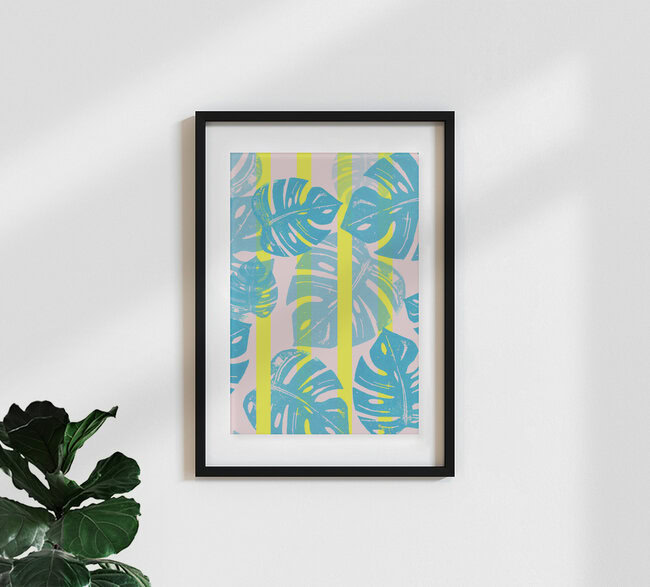 Wandbild 'Linocut Monstera Neon' – Kunst von Bianca Green als Poster oder Acrylglasbild