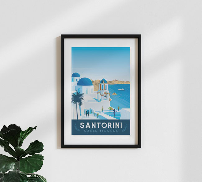 Santorini Vintage Travel Wandbild, Griechenland – Fotokunst von François Beutier als Poster oder Acrylglasbild