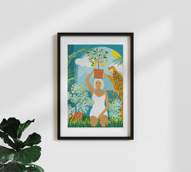 Wandbild 'Bring The Jungle Home Illustration, Tropical Cheetah Wild Cat & Woman Painting' – Kunst von Uma Gokhale als Poster oder Acrylglasbild