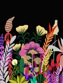 Wandbild 'Dark Garden, Eclectic Bold Floral Botanical Nature, Colorful Mystery' – Kunst von Uma Gokhale als Poster oder Acrylglasbild