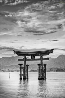 Monochrome Torii of Itsukushima Shrine on Miyajima in the evening, Japan – wall art by Melanie Viola as Poster or Acrylic Glass Print