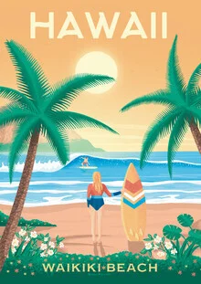 Wandbild 'Hawai Waikiki Beach Travel Poster Art Print' – Kunst von François Beutier als Poster oder Acrylglasbild