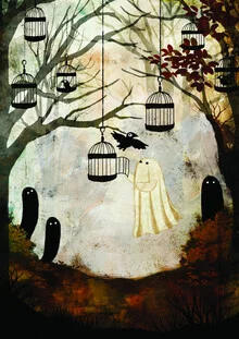 Illustration by Katherine Blower: playful ghosts and birds in an autumn forest scene