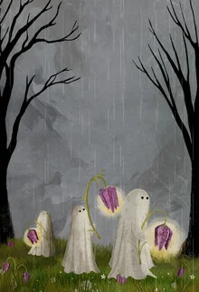Illustration by Katherine Blower: a ghost surrounded by wildflowers in spring