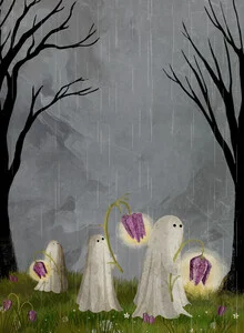 Illustration by Katherine Blower: ghosts in a blooming spring landscape
