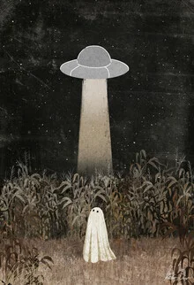 Illustration by Katherine Blower: UFO in a cornfield, mysterious and playful.
