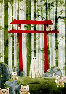 Wall art by Katherine Blower: cute ghosts at a mystical Japanese torii gate