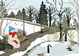 Illustration by Katherine Blower: winter duck pond in a park setting
