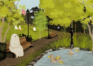 Illustration by Katherine Blower: duck family at a summer pond