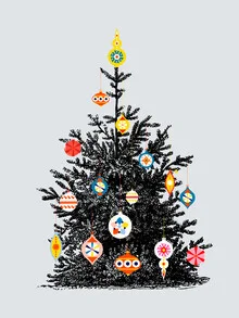 Wall art featuring a retro Christmas tree adorned with colorful ornaments in vintage style.