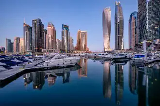 Photo art by Achim Thomae: calm morning atmosphere over Dubai Marina with skyscrapers