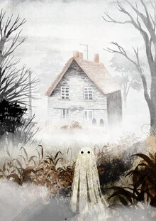 Illustration by Katherine Blower: cute little ghost in a spooky house