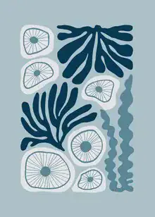 Wandbild mit abstrakten botanischen Motiven in sanften Blautönen