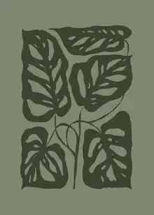 Illustration von Gal Pittel: stilisierte Monstera Pflanze in sanften Grüntönen.