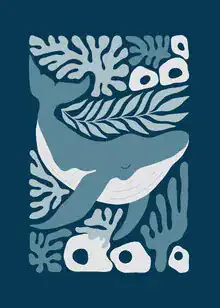 Abstract depiction of a whale in soft blue and green tones.