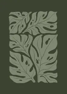 Illustration mit Monstera-Blättern in sanften Grüntönen, minimalistischer Stil.