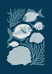 Abstract illustration of fish in dark colors with a harmonious flow