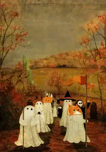 Wall art by Katherine Blower: cheerful Halloween parade with costumes and ghosts