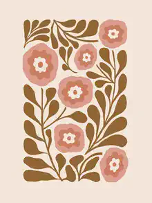 Abstract illustration in soft pink tones depicting floral forms in motion.