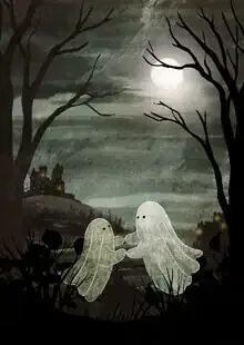 Illustration by Katherine Blower: ghosts under a moon over a castle in dark atmosphere