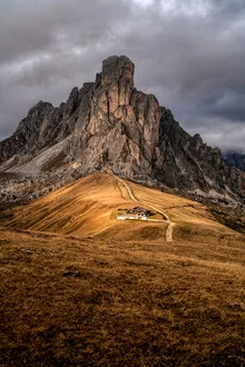 Wall art: a mystical view of Giau Pass in the Dolomites with autumnal colors.