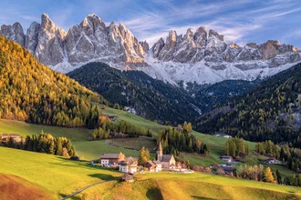 Beautiful landscape with autumn colors in Funes Valley, South Tyrol