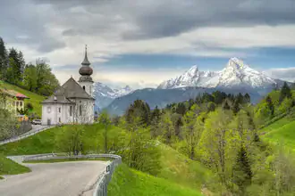 Photo art by Michael Valjak: Spring view of Maria Gern with Watzmann in the background