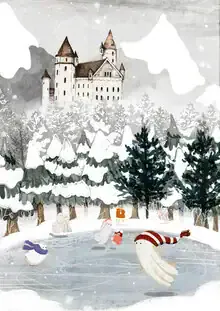 Illustration by Katherine Blower: cheerful skaters in a snowy forest