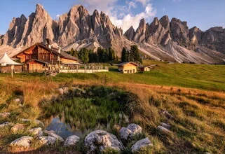 Beautiful photo art by Achim Thomae: South Tyrol's Geisleralm at golden hour.