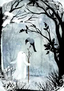 Illustration by Katherine Blower: Jack Frost and a crow in a winter landscape