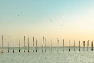 Sunset over Michamvi's coast, warm light reflecting on calm waters