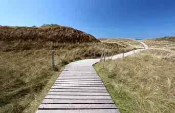 Fotokunst von Manuela Deigert: ruhiger Weg durch Dünen zum Strand mit Holzbohlen