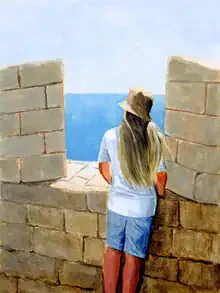 Wall art by Sarah Morrissette: girl peacefully gazes at the sea and the Acropolis.