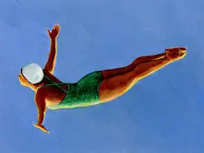 Illustration of a diver in a green swimsuit leaping into the blue sky.