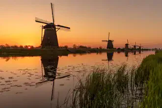 Sunrise over windmills in Holland, gentle colors and a calm atmosphere.