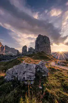 Photo art by Achim Thomae: sunrise over the Cinque Torri in the Dolomites