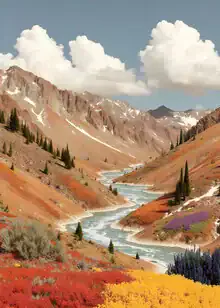 Wandbild von Uma Gokhale: sanfte Landschaft mit Bergen und träumerischem Tal