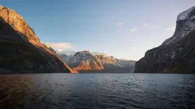 Photo art by Norbert Gräf: evening glow in Nærøyfjord with calm waters