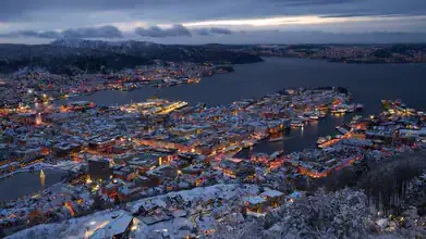 Photo art by Norbert Gräf: Bergen, Norway at blue hour by the harbor
