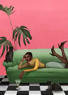 Illustration einer Frau mit Martini und Monstera-Pflanze, stilvoll und feminin.