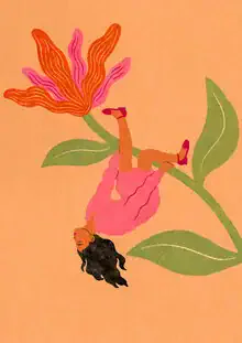 Illustration von Lemon Fee: fröhliche Darstellung einer schwingenden Frau mit Blumen.